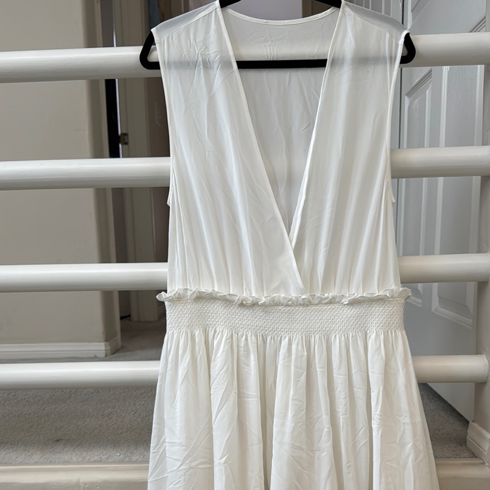 Leo Lin White Silk Smocked Faux Wrap Midi Dress SZ M